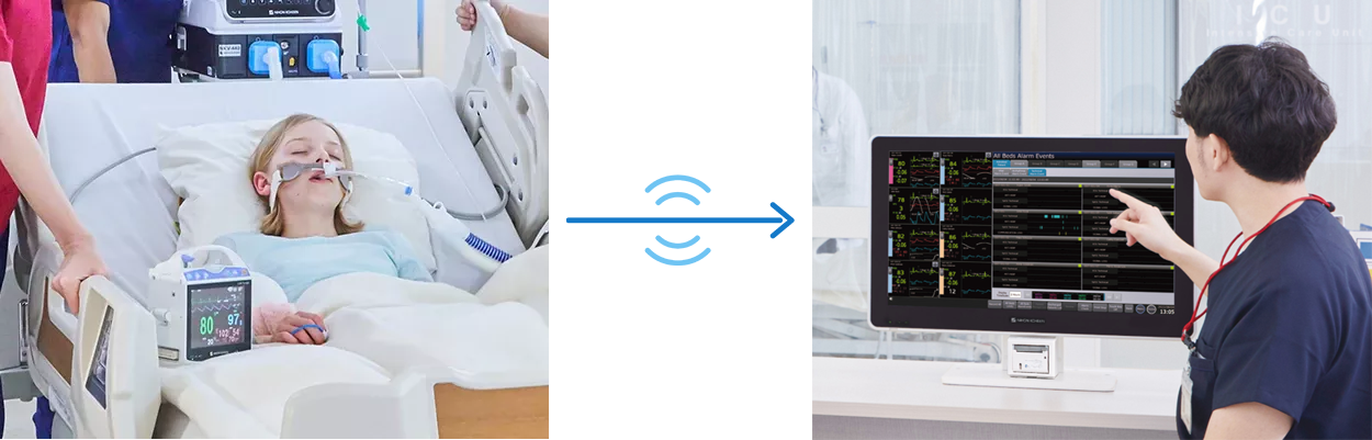 Patient data from the transport monitor can be continuously viewed on the central monitor via Wi‑Fi, even during patient transport.